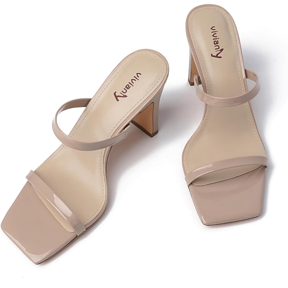 Womens Two Strap Open Toe Block Heeled Sandal Slip On Square Toe Heels